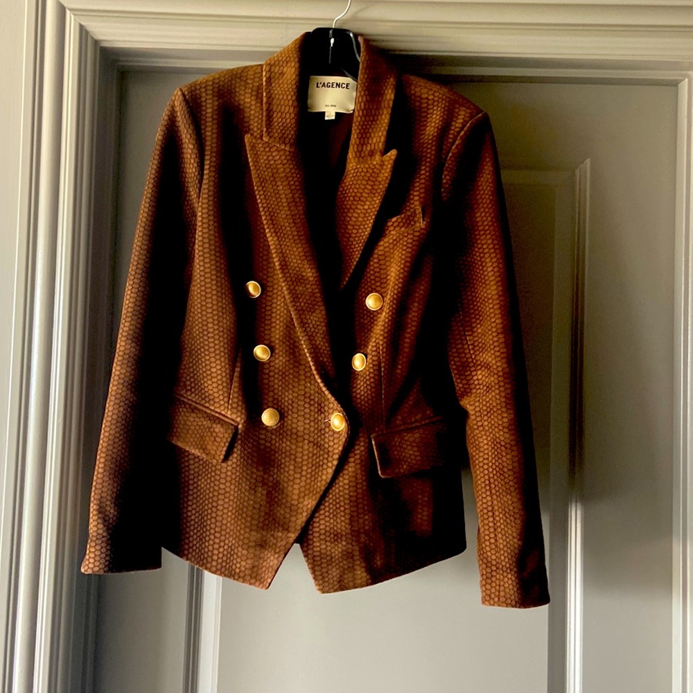 Size 4 L’Agence double breasted chocolate brown swede blazer